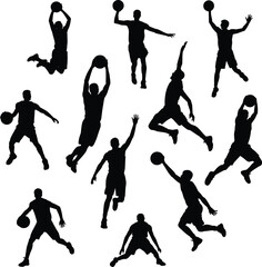Dynamic Basketball Player Silhouette Set, Featuring Athletes Dribbling, Jumping, Dunking, and Shooting for Sports Graphics, Posters, and Team Logos © Ponkaj Creatives