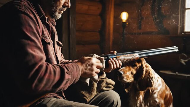 Man cleaning a hunting shotgun while his loyal english cocker spaniel dog watches, preparation for hunting season in footage