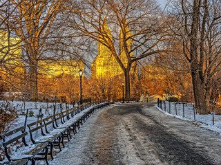 Bow bridge in winter after light snow