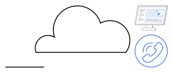 Cloud computing, online communication, data storage, cybersecurity, software management, information systems. Minimalistic cloud, computer display and phone icon. Cloud computing and online © robu_s