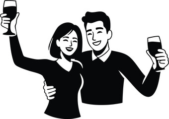 Minimalist vector close up smiling couple raising beer glasses together with arm around looking at camera simple monochrome toast celebration friendly flat design casual attire relaxed