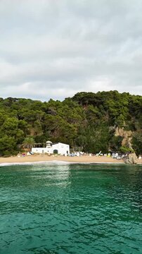 Aerial drone view, flying towards the coast with a house and trees, vertical nature background