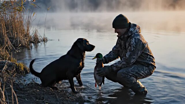Black retriever dog retrieving a duck from the water to a hunter for bird hunting activity at sunrise.