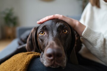 Brown dog relaxing on person's lap with human hand petting