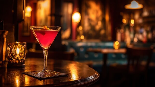 A red cocktail sits on a wooden table in a bar with dim lighting. People are enjoying drinks and conversations in the background. The decor includes paintings and soft glowing lights.