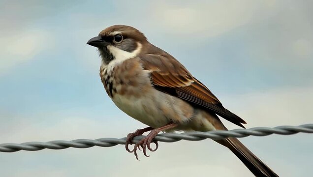 adorable 4k close up view of tiny sparrow perched on electric wire cleaning its fea rs in soft cinematic style highlighting wildlife behavior charm and peaceful bird