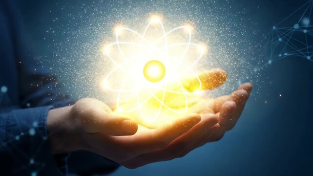 A person holding a glowing atom structure in their hands, representing scientific innovation and energy motion animated video 4k .