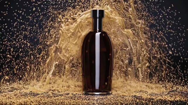 A sleek, dark perfume bottle stands out against a dramatic splash of golden liquid, symbolizing luxury and dynamic energy. the striking contrast highlights sophistication and modern elegance, ideal fo