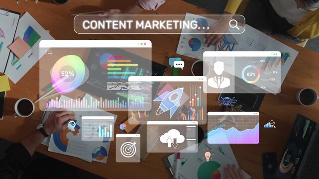 A diverse team collaborates in a modern workspace, leveraging data visualization and analytics for effective content marketing strategies to enhance business performance. Raster