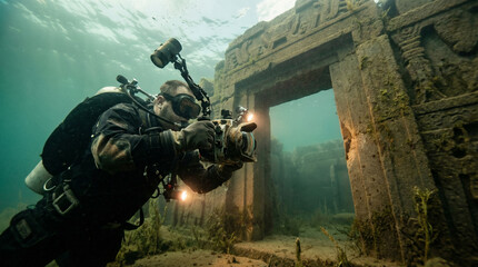 Diver investigates submerged structures and records findings with equipment in clear water at a historical site