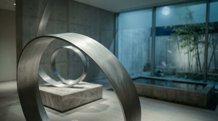 Sculptures display in a gallery space with large windows and an indoor garden area providing natural light