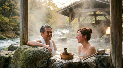 Two people relax and smile in a hot spring surrounded by rocks and trees as the sun sets in the background
