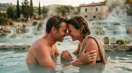 Two people smile and lean their foreheads together while enjoying hot springs in Italy at sunset