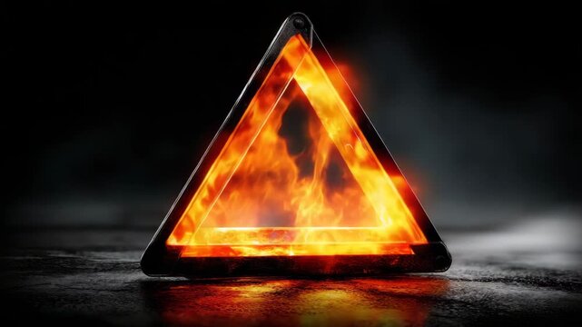 Flaming triangle symbol on dark surface with smoke in background creating a bold visual scene