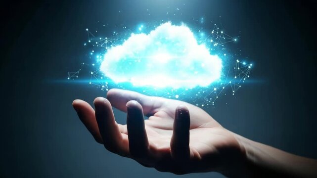 A human hand supporting a futuristic glowing cloud network symbolizing digital connectivity motion animated video 4k .