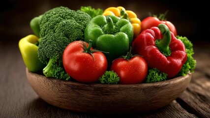Fresh vegetables in a wooden bowl on a rustic table display vibrant colors and healthy options for meals or snacks