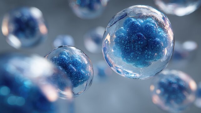 A group of cells appears in a close up view with round shapes and blue structures inside. This is an example of biological activity possibly observed under a microscope.