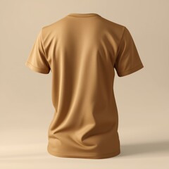 A khaki colored, simple t-shirt, suitable for casual wear, presented from a rear perspective.