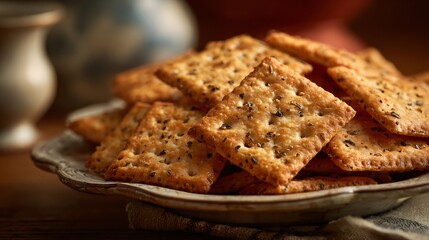 Small plate of savory crackers, off-center composition, negative space