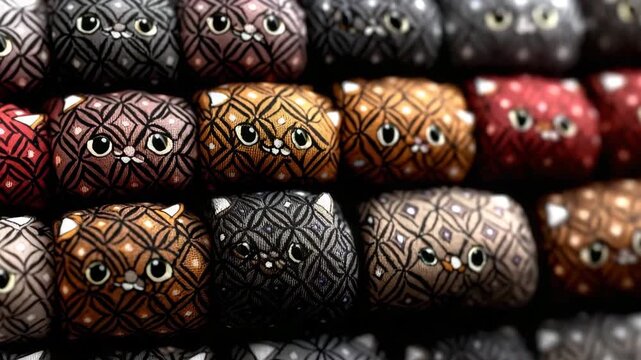 Colorful designs of cat figures arranged in a decorative pattern on a textile background in a close-up view during daylight