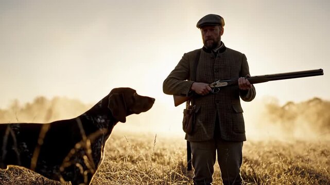 Hunter man with his dog, a breed of hunting dog, in a misty field at sunrise firing a shotgun, video footage