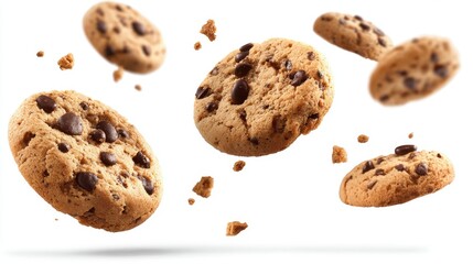 Chocolate chip cookies are suspended in mid air against a blank backdrop. These cookies are breaking apart showing chocolate pieces falling around them.