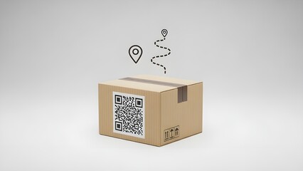 3D Render of Cardboard Package with Abstract Code Label, Location Pin and Route Icons on Clean Background