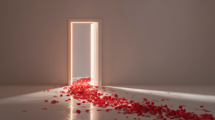 A path of red rose petals leading to an open door with bright light represents the concept of a romantic welcome