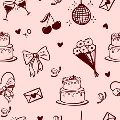 Hand drawn seamless Valentines Day pattern. Doodle style elements on soft pink background. Vector illustration. 
