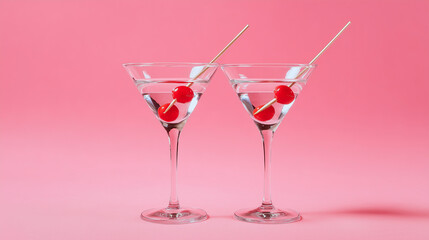 Two martini glasses with red olives on crossed toothpicks on a pink background. Concept of elegance, party and life