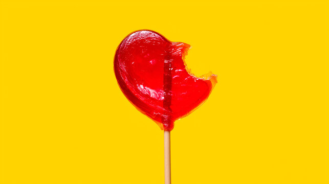 Red heart-shaped lollipop with a bite taken out on a vibrant yellow background representing the concept of bittersweet romance