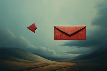Red envelope moving from a paper airplane over a conceptual, cloud filled landscape