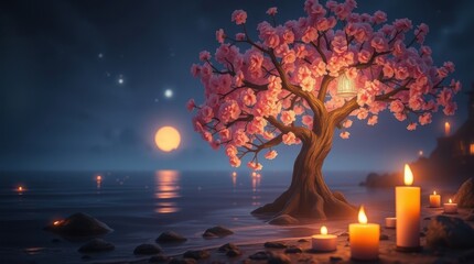 Romantic Pink Flower Tree Reflected In Water Under Full Moon Magical Night Mood
