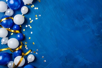 Celebration: A vibrant collection of blue and white balloons, adorned with shimmering ribbons, floats playfully against a backdrop, creating a festive atmosphere.