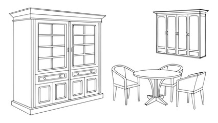 Furniture Vector Line Art Icon Set, Clean CAD Outline Interior Design Elements Isolated on White Background