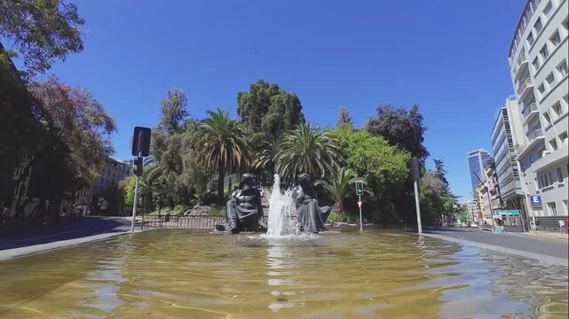 Slow Motion Neptune and Amphitrite Fountain at Santa Lucia Hill, Santiago Chile