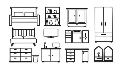 Furniture Vector Line Art Icon Set, Clean CAD Outline Interior Design Elements Isolated on White Background