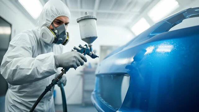 Skilled worker in protective gear spray painting blue car in workshop