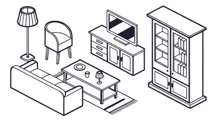Furniture Vector Line Art Icon Set, Clean CAD Outline Interior Design Elements Isolated on White Background