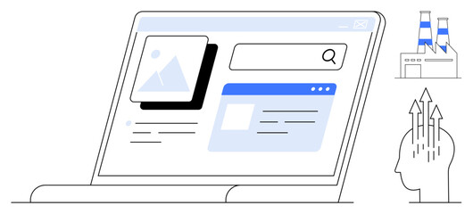 Digital marketing concept. Digital marketing through a search bar, analytics, and creative thinking illustration. Digital marketing for innovation, industries, and communication. Ideal for web