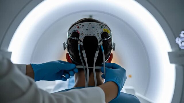 Patient undergoing mri scan with eeg setup and technician adjustments for neurological monitoring