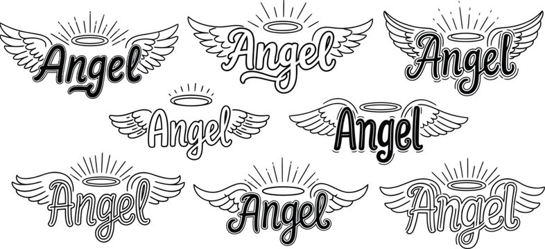 Handwritten Angel typography set with wings and halos, 8 black and white vector elements, spiritual script lettering for apparel and tattoos