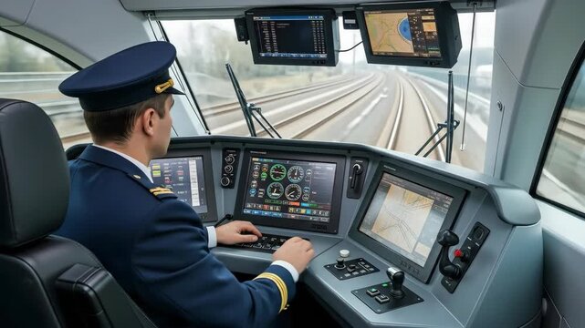 Train engineer monitoring digital dashboard in modern highspeed train cockpit