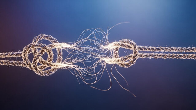 Hands-free abstract rope knot loosening itself, release symbolism.