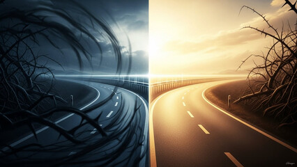 Abstract road splitting into dark and bright paths, choice and prevention concept.