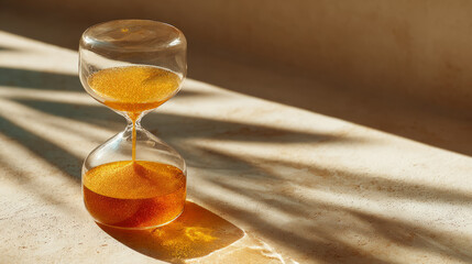 Flowing golden sand in a glass hourglass on a sunlit textured surface, casting warm shadows. A minimal still-life symbolizing time, focus, and mindful productivity in natural light