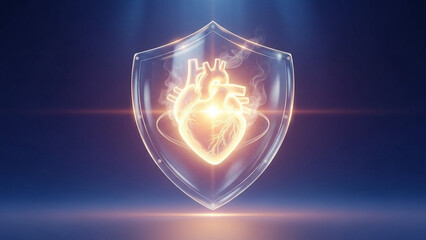 Glowing heart protected by a transparent shield, human dignity symbolism.