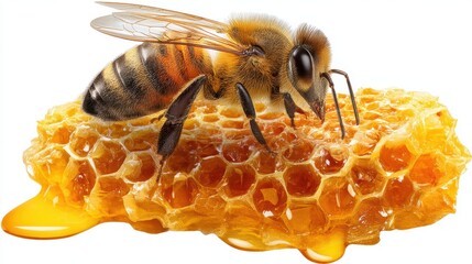 A honey bee is on a honeycomb gathering nectar and producing honey. This scene takes place in a garden under bright daylight with flowers nearby.