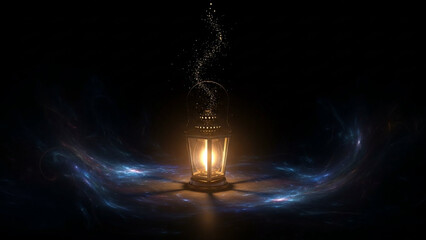 Lantern shining steady light in a dark abstract space, guidance and hope.