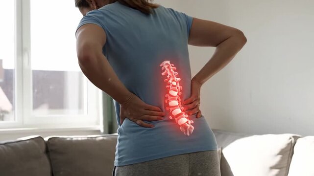 Woman feeling lower back pain with a glowing spine X-ray animation. Medical, health, and anatomy concept.